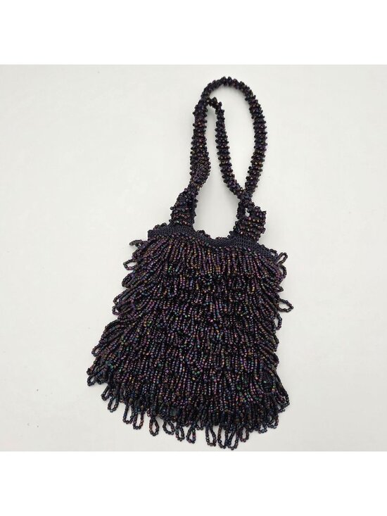 Handmade Handbags - 1930s  Handcrafted Beaded Black Iridescent Evening Bag With Fringe Detail